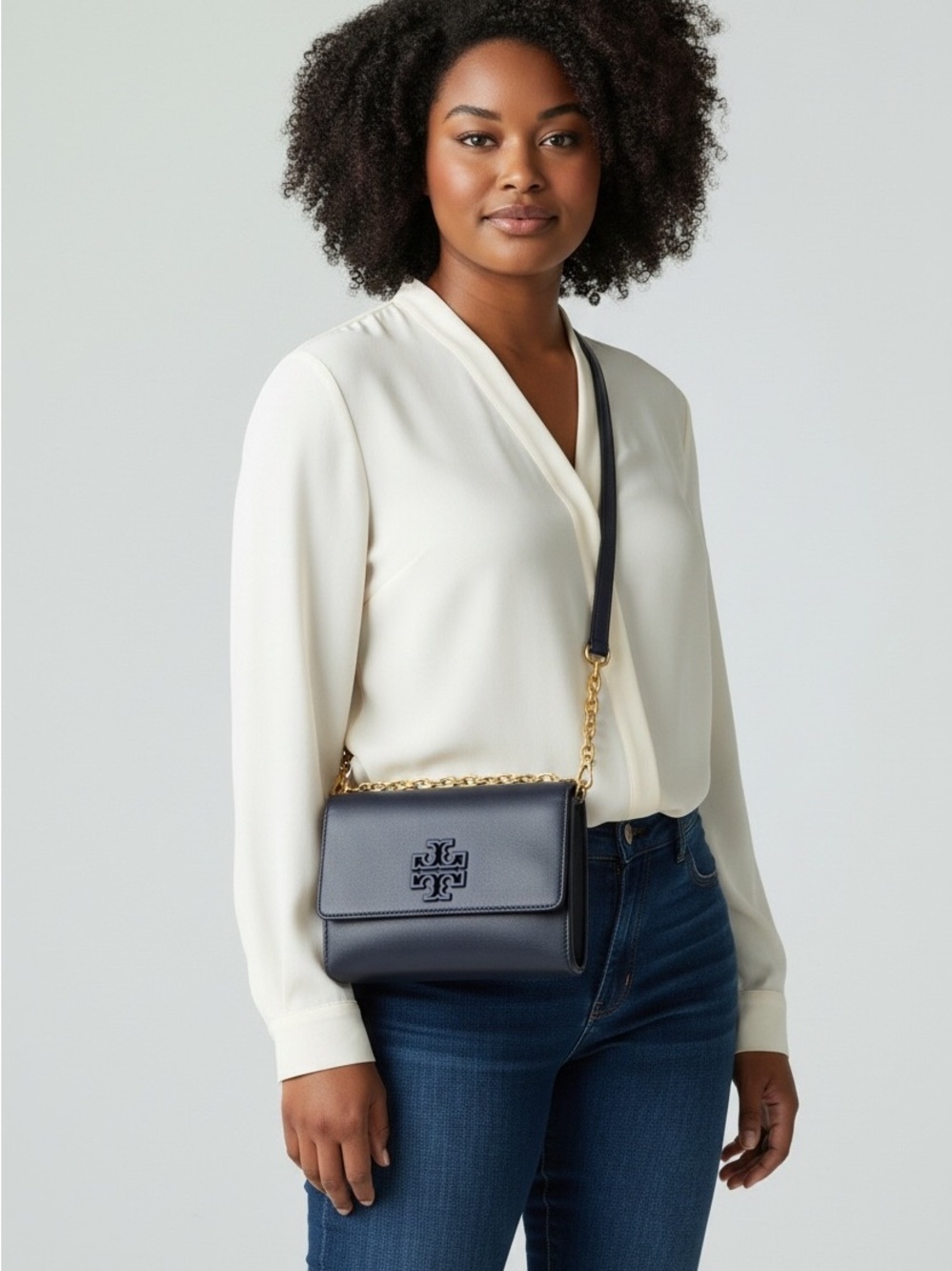 Tory Burch Lily Navy Blue Leather Convertible Chain Crossbody Bag Clutch Wallet